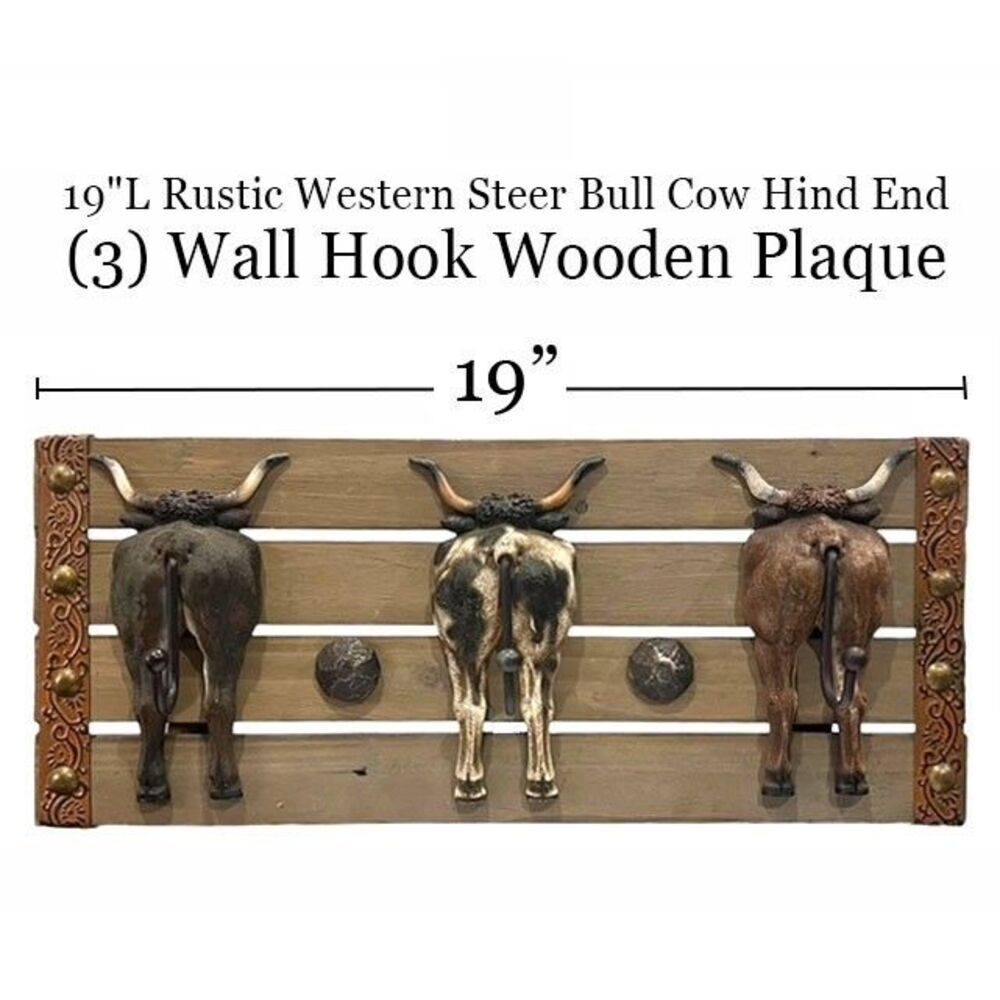 19" Rustic Western Farmhouse Steer Bull Hind End Coat 3 Wall Hook Wooden Plaque